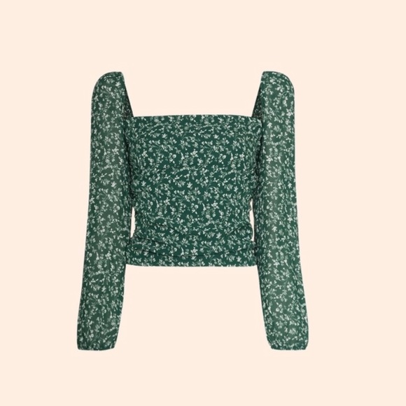 Reformation Pinto Floral Green Top Smocked Long Sleeves Large - Picture 2 of 5
